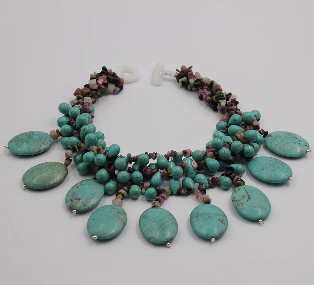 G-G Jewelry 4 Rows Multi color Tourmalines Green Turquoises Fringe Necklace Handmade For Women