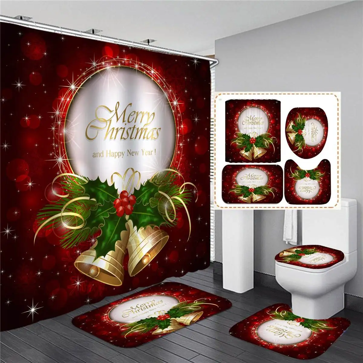 Cortina de chuveiro de natal feliz conjunto de banheiro de papai noel boneco de neve sino padrão cortinas de banho antiderrapante capa de vaso sanitário tapete de chão