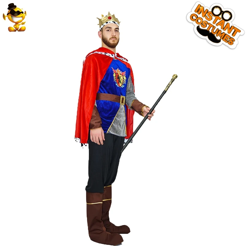 Disfraz de rey para hombre, disfraces de lujo de Príncipe Medieval, Disfraces de Halloween de Cosplay con tocado, capa roja, capa azul