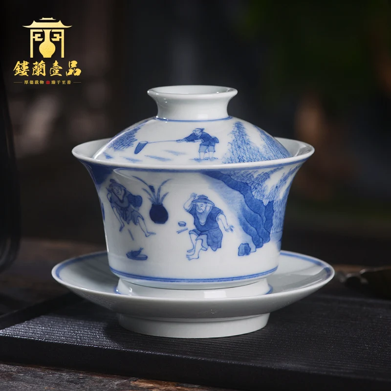 

|blue tillage and weaving hand-painted kung fu tea set all three just tureen jingdezhen ceramic bowl with cover a single