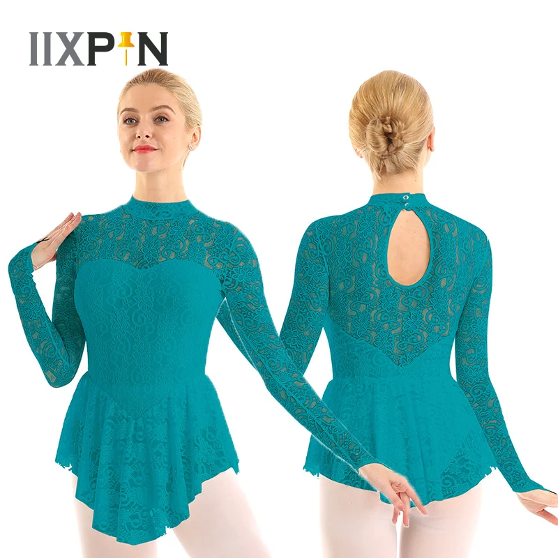 

Women Ballet Leotard Dress 2024 Ice Skating Dress Mock Neck Long Sleeve Lace Figure Roller Skating Dress Women Dance Costumes