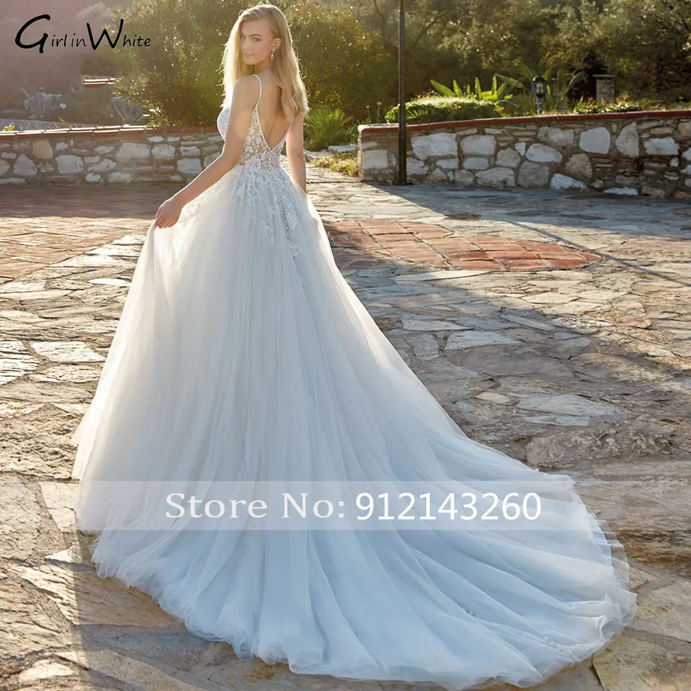 فساتين زفاف دانتيل بحزام سباغيتي على شكل حرف a بدون ظهر زي العرائس زينة العروس ذيل محكمة مخصص Vestido De Noiva