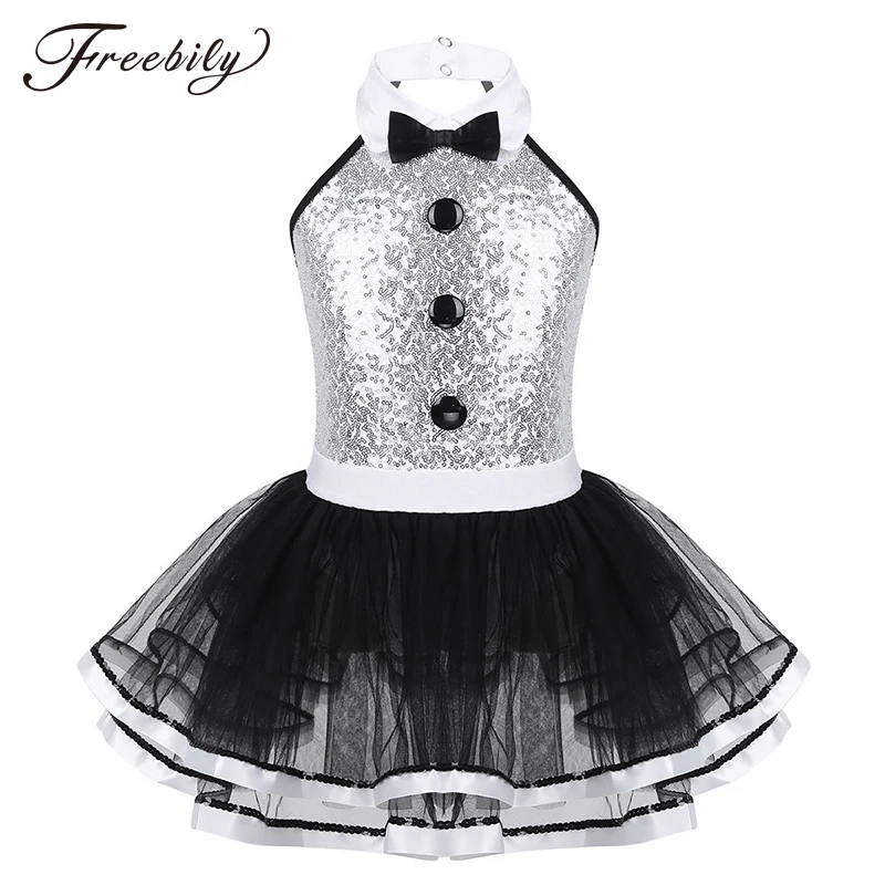 Kids Girls Christmas Ballet Dress Jazz Dance Gymnastics Skating Leotard Sleeveless Shiny Sequin Mesh Tutu Ballerina Dancerwear