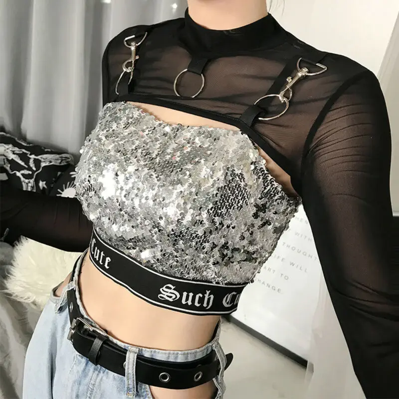 Summer Sexy Mesh See Through T-Shirts Black O-Neck Long Sleeve  Turtleneck Sheer Transparent Short Crop Tops Sexy Club Party Top