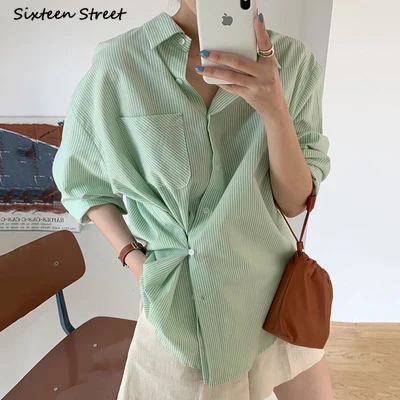 

New Chic Striped Shirts Womens Tops Irregular 2023 Spring Summer Long-sleeve Oversized Blue Button Up Shirt Office Ladies