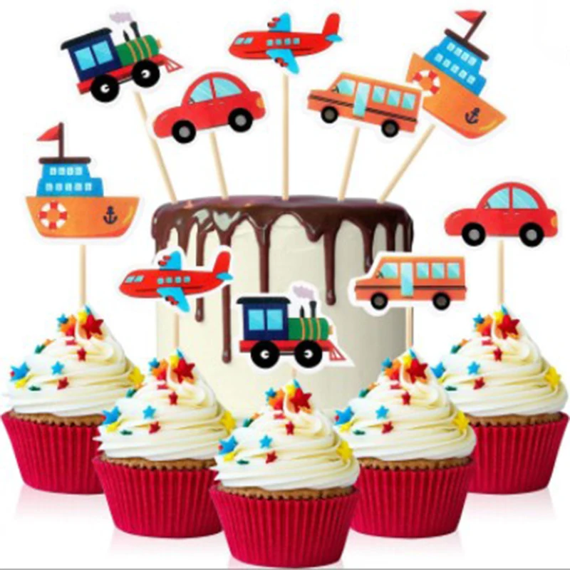 10pcs Cake Topper Cartoon Car Transport Cake Fruit Decorative Cupcake Topper Food Picks Kids Birthday Party Wedding Favors