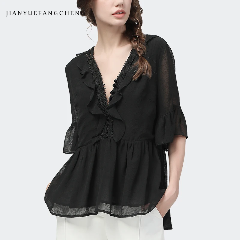 Sexy Deep V-Neck Beaded Chiffon Blouse Women Summer Loose Plus Size Belly Covered Ruffle Black Tops Elegant Casual Vintage Shirt