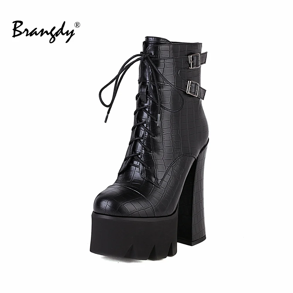 

Brangdy 2021 FASHION Women Ankle Boots Platform Lace Up Chunky High Heels Booties Unisex Size Ladies Shoes Woman Size 41