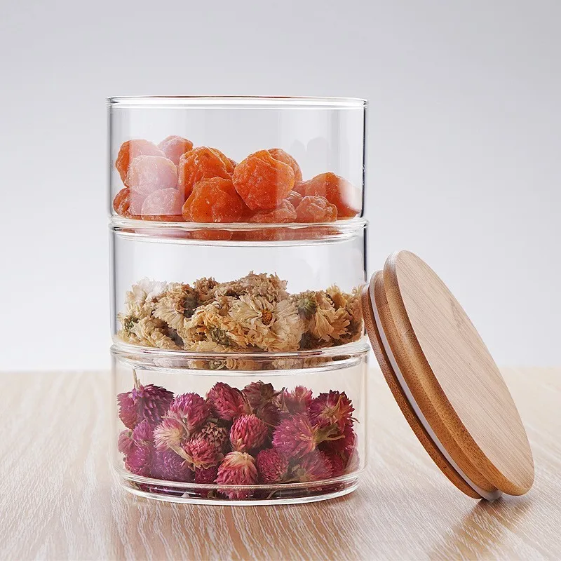 Handmade 1200ml 3-layer Borosilicate Glass Jar Kitchen Food Bulk Container Set For Spices Dried Fruit Storage Can Salad Bowl Box