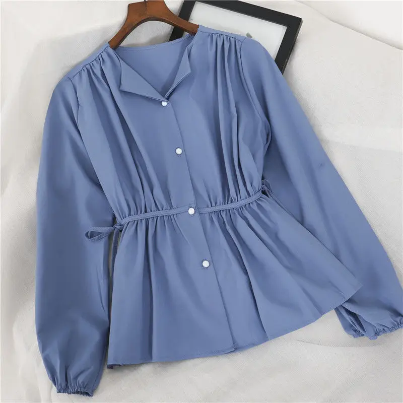 Spring Korean Lace-up Shirt Fashion Women Sweet Elegant Blousa V-neck Long Sleeve Chic Blouse Casual Vintage New Chiffon Tops