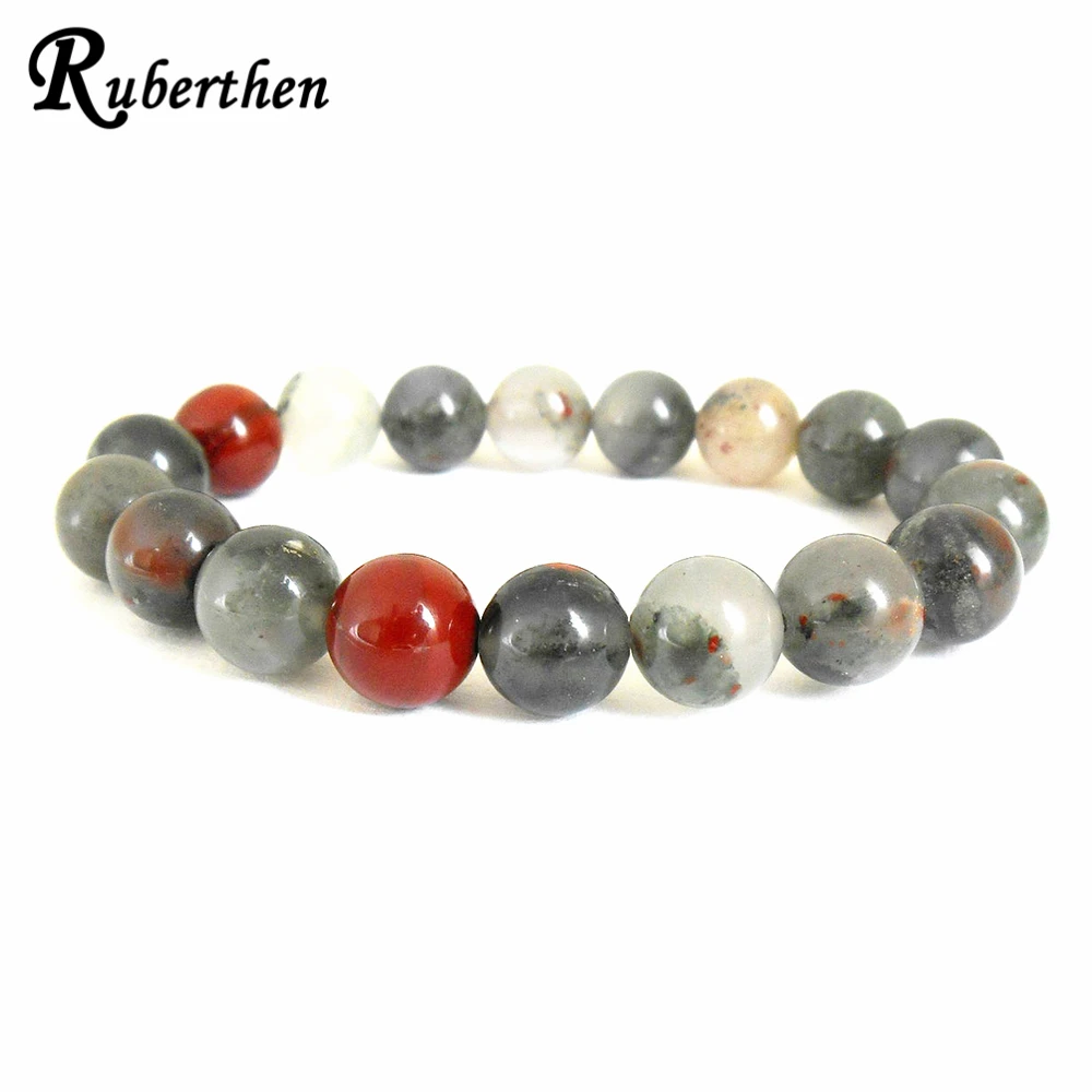 Ruberthen Natural 10mm African Bloodstone Stretch Gem stone Bracelet Healing Stone Grounding Mala Mens Beaded Bracelet