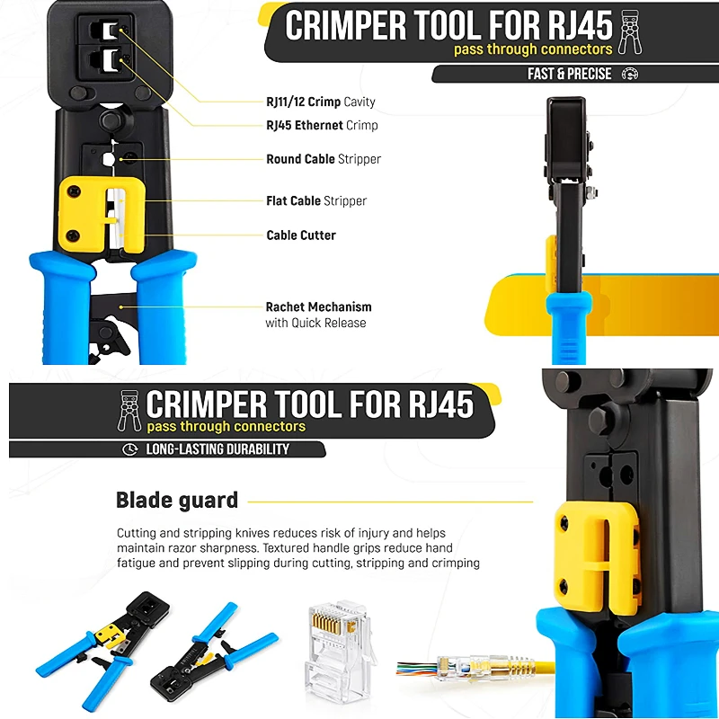 Набор обжимных инструментов для кабеля, с 50 разъемами Cat6, для снятия натяжения кабеля