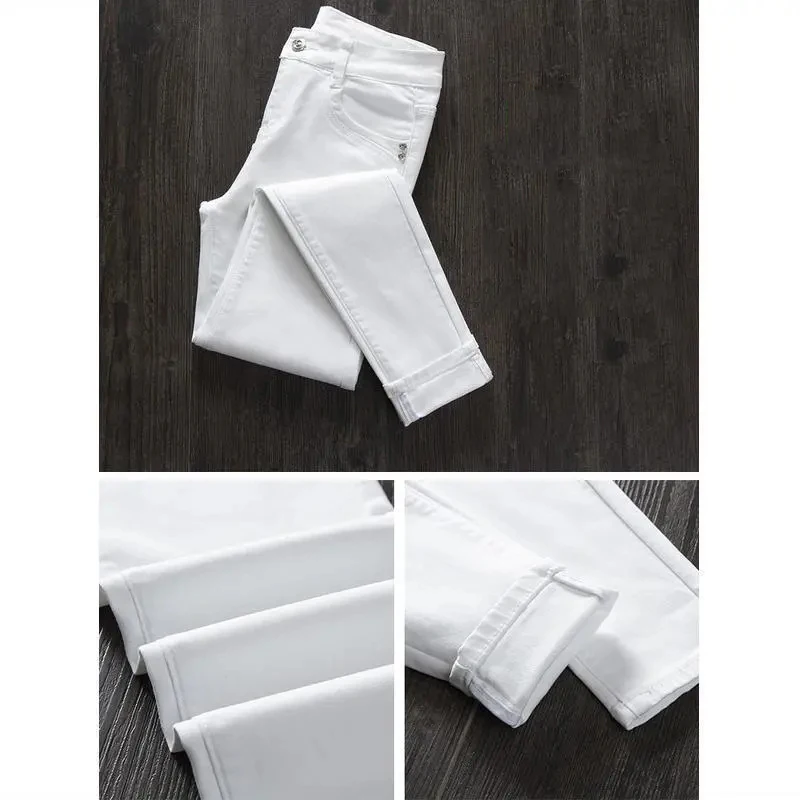 White Women Denim Jeans High Waist Slim Stretched Hallen Jeans Pencil Pants Spring Autumn Ankle-Length Skinny Jeans 26-32 Size