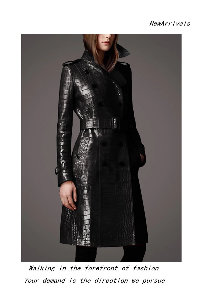 Lautaro Autumn Long Black Crocodile Pattern Pu Leather Trench Coat for Women Belt Double Breasted Stylish British Style Fashion