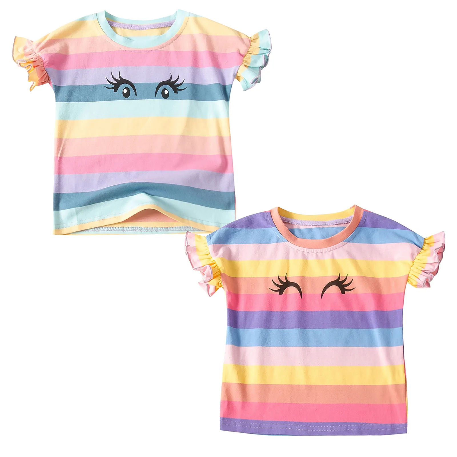 

Cute Rainbow T Shirts For Girls Kids Cotton Tops Summer Baby Girl Clothes Casual Short Sleeves Colorful Stripe Toddler T-shirt