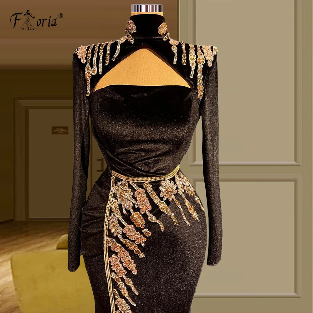 Elegant Black Velvet Mermaid Evening Dress Long Sleeve Luxury Crystal Dubai Muslim Formal Party Prom Dresses for Wedding