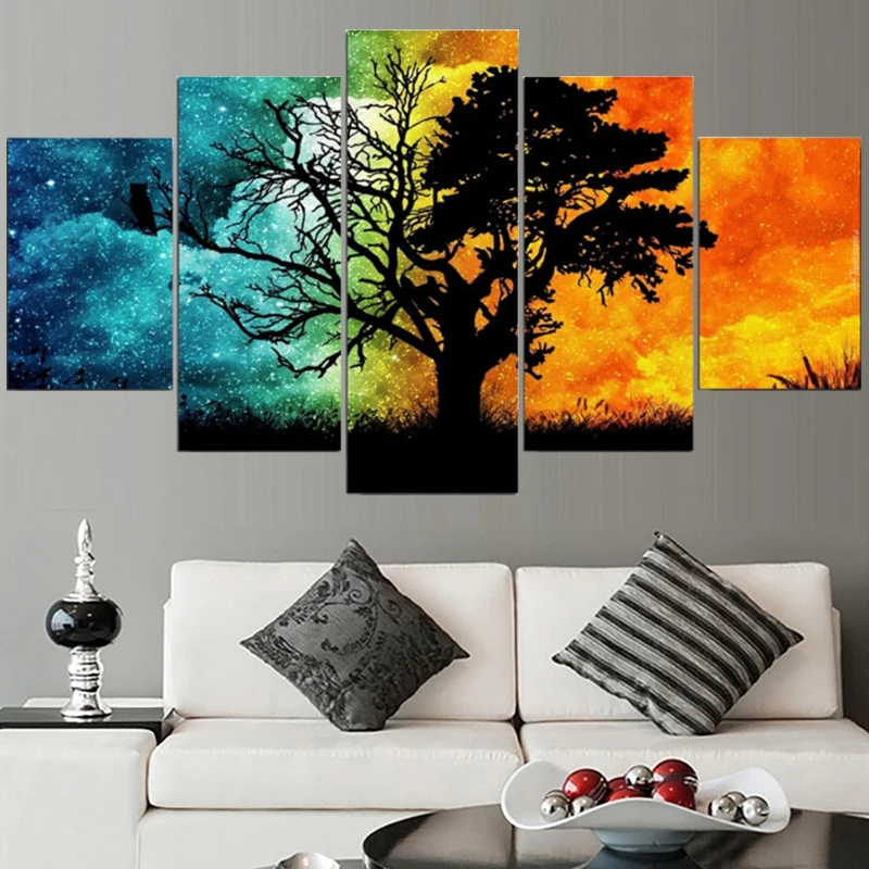 

No Framed 5Pcs Colorful Tree Landscape Wall Art Canvas Posters Pictures Paintings Home Decor Accessories Living Room Decoration