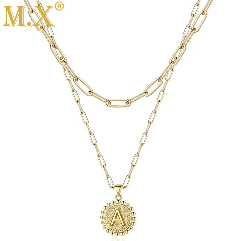 

Mx Dainty Layered Initial Necklaces for Women 14k Gold Plated Paperclip Chain Necklace Simple Cute Hexagon Letter Pendant Choker