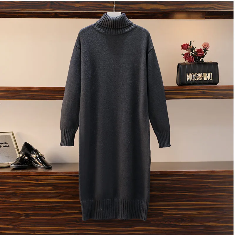 Knitted dress autumn and winter women\'s loose long sweater pullover turtleneck solid casual female