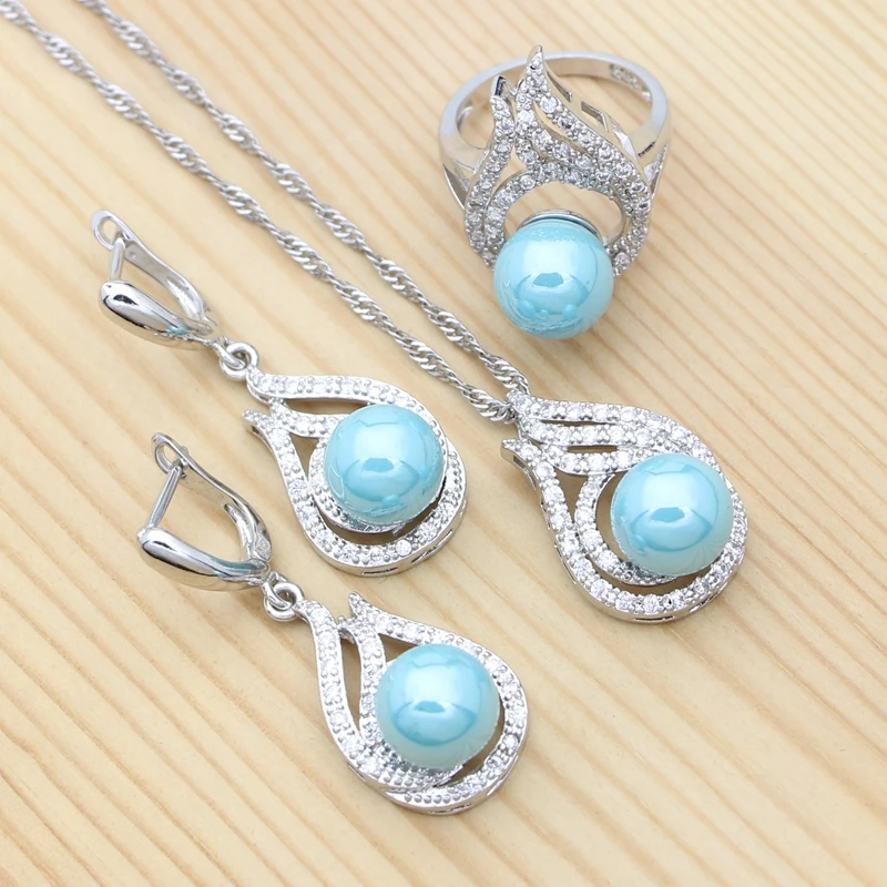 

925 Sterling Silver Bridal Jewelry Set Blue Pearl Crystal Ring Necklace Pendant Earrings for Women Gifts