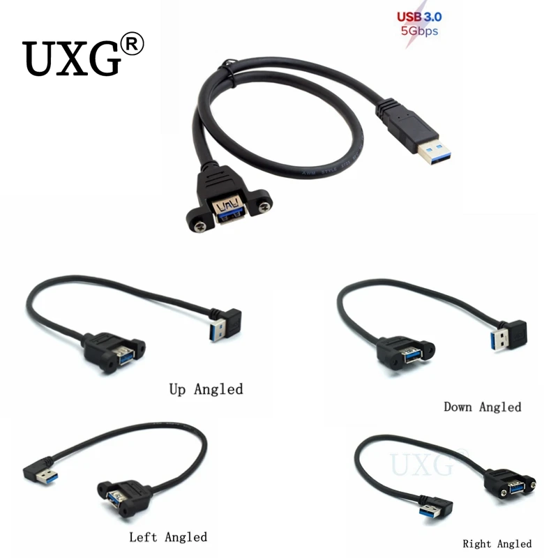 90 degrees bend USB 3.0 A Type Male to Female Extension Cable with Panel Mount screws black blue 25cm 50cm