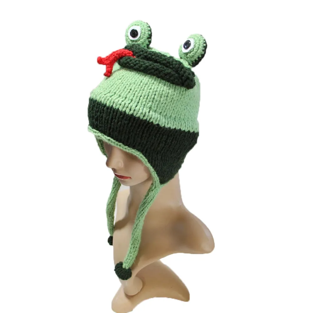 BomHCS Frog Earmuffs Knitted Hats Funny Winter Crochet Green Beanie Animal Handmade Earflap Caps for Kids Age 3-10