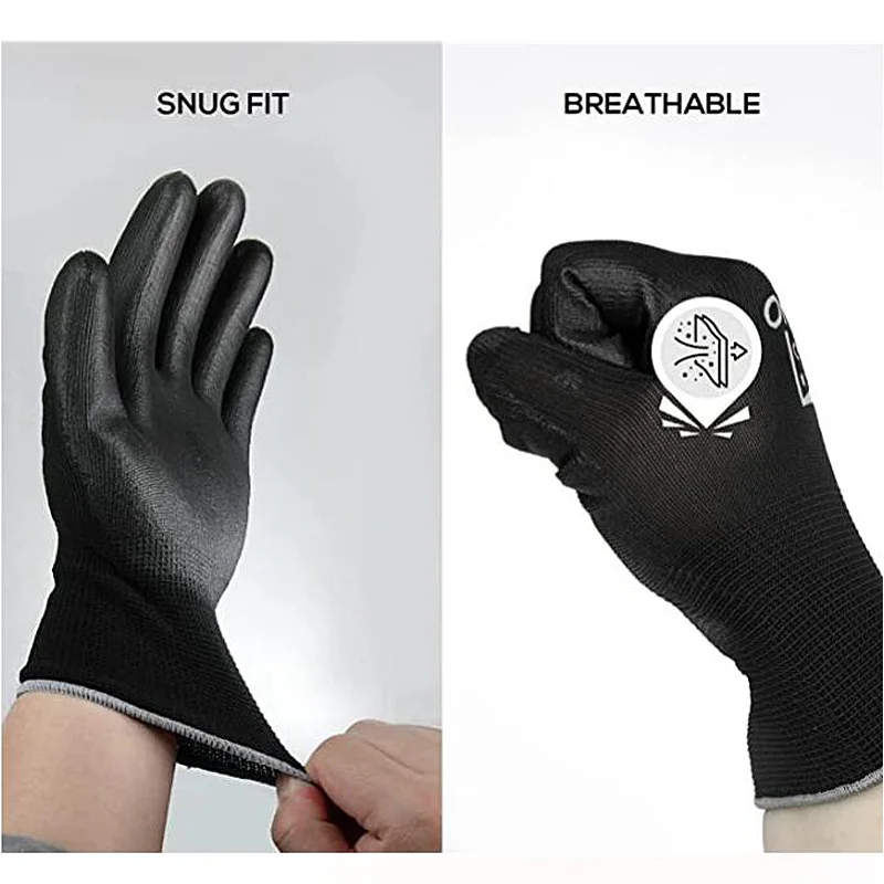 24 Pcs/12 Pairs Black PU Nitrile Industrial Protective Safety Work Glove With Nylon Cotton Knitted Coated Palm Gloves