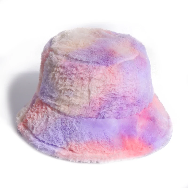 FOXMOTHER New Pink Faux Fur Bucket Hat For Women Girl Rainbow Tie Dye Soft Warm Fishing Cap Fisherman Gorros Winter Lady Gifts