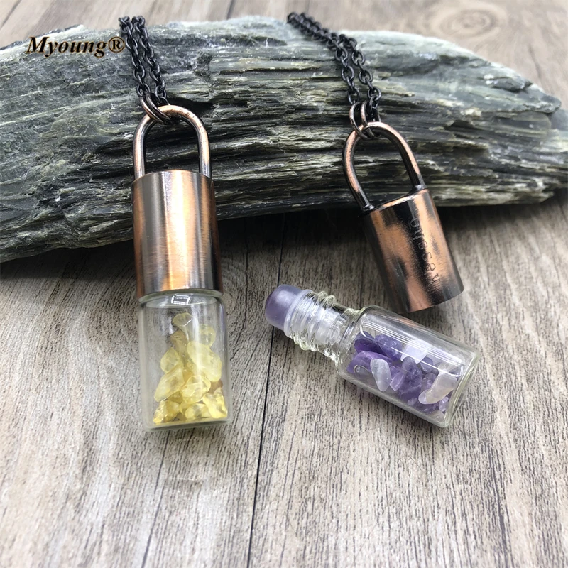 Natural Crystal Quartz Healing Energy Stone Gravel Perfume Essential Oil Diffuser Roll On Bottle Pendant Necklace Women Gift