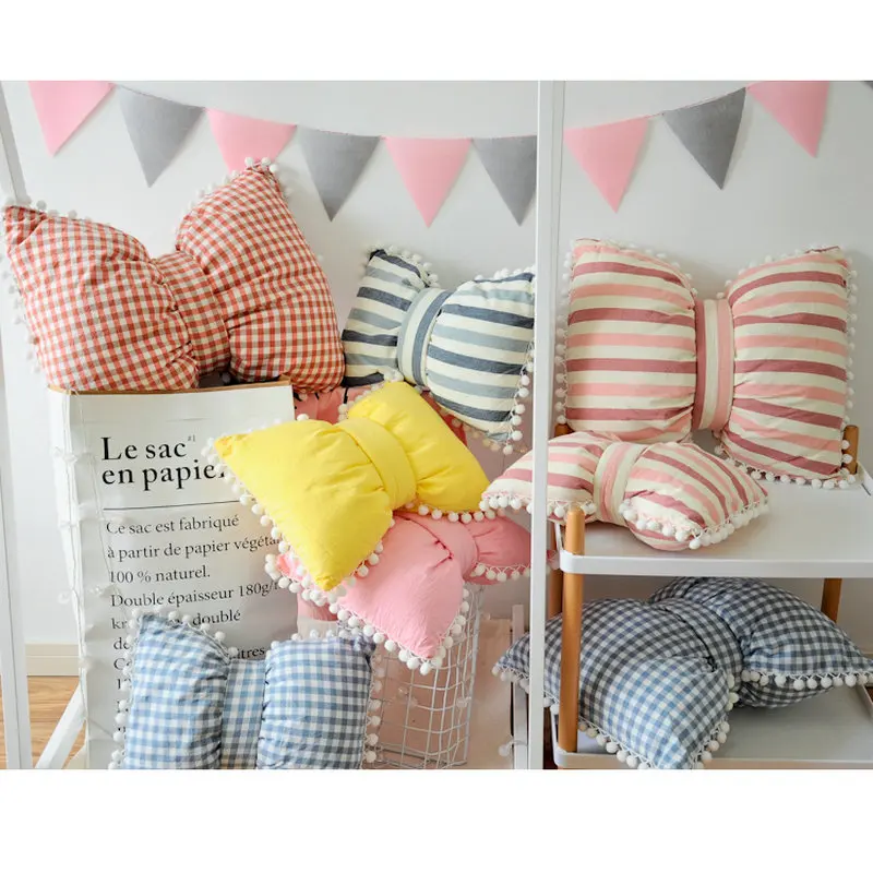 Ins Hot Cotton Bow Sofa Throw Pillow girly Bedroom Bay Window decoration Cushion cute bed Stripe Houndstooth Bow Sleeping Pillow