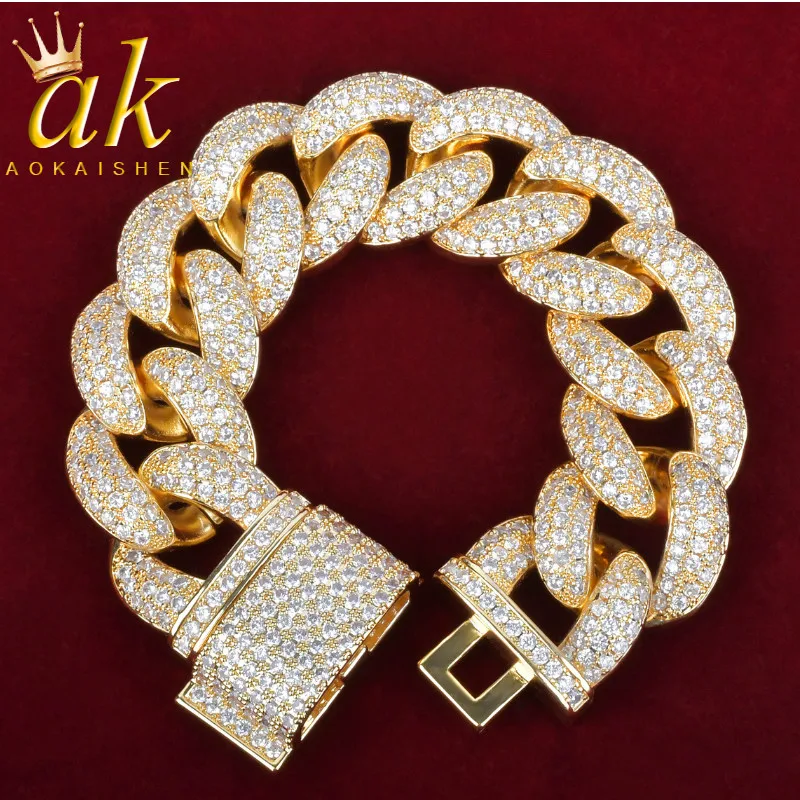 Aokaishen Chunky Miami Cuban Link Bracelet for Men AAAAA Zirconia Hip Hop Jewelry Gold Color Iced Out Charms 2022 Trend