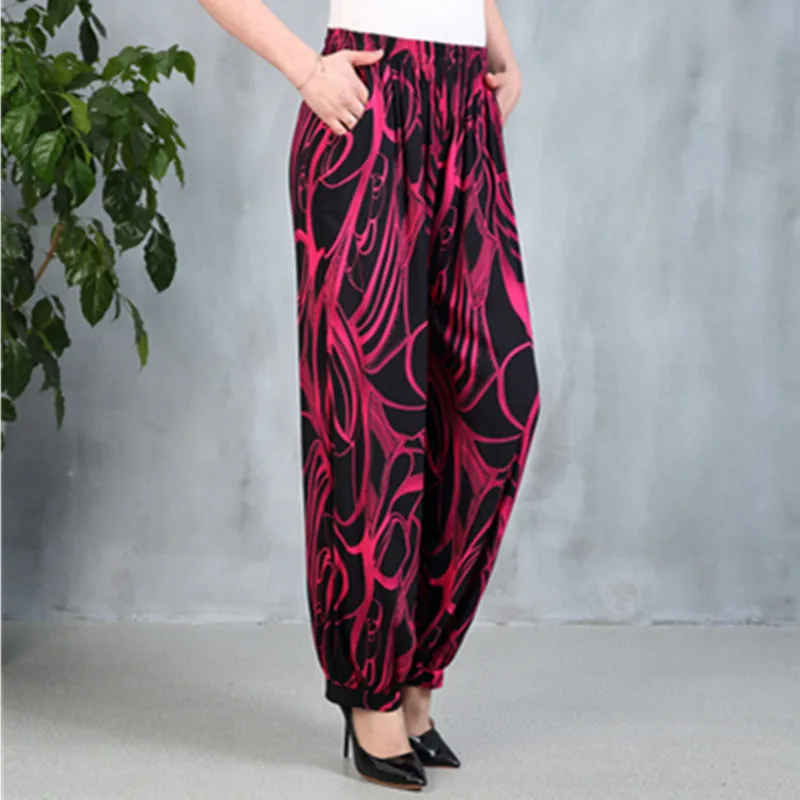 UHYTGF Trousers For Women 2022 Fashion Cotton Silk Printing Casual Spring Summer Pants Female Elegant 5XL Loose Size Pants 1615