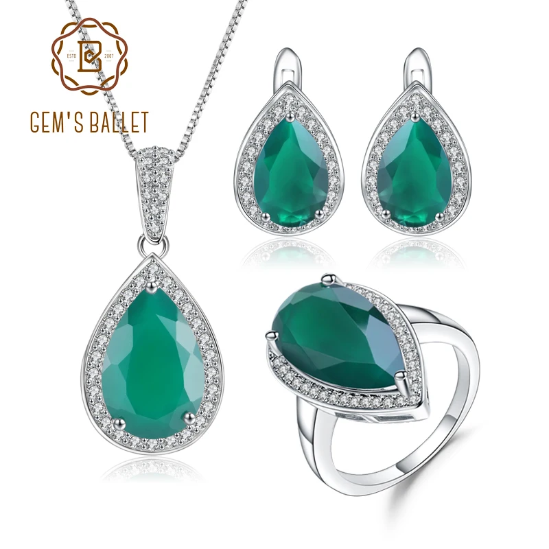 GEM'S BALLET Natural Green Agate Pendant Earrings Ring Set 925 Sterling Silver Water Drop Vintage Gemstone Jewelry Set For Women