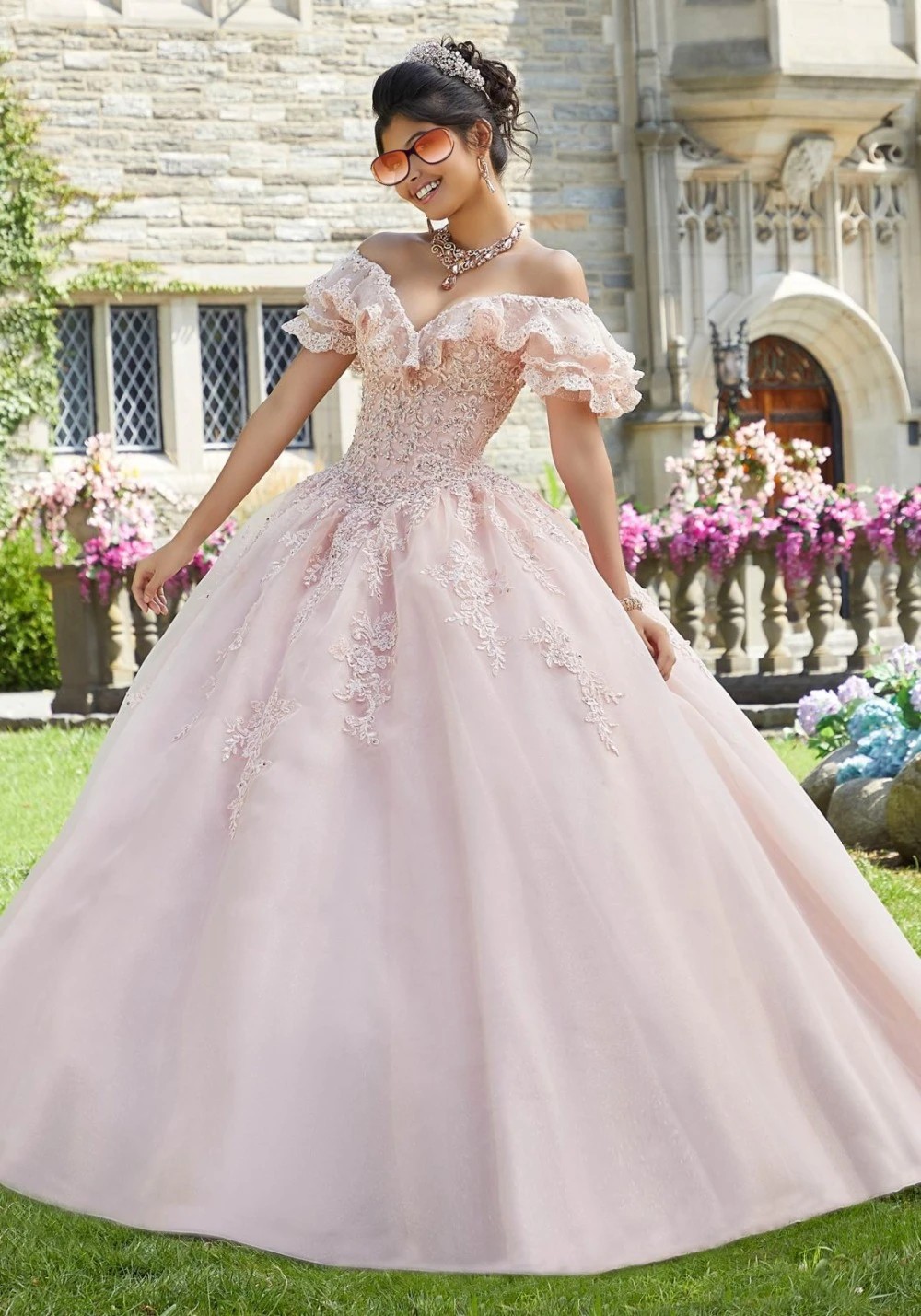 Vestido de princesa com babados e renda 2020, rosa, organza, ombro de fora, 15 vestido, vestido de baile, quinceanera, vestido formal, baile