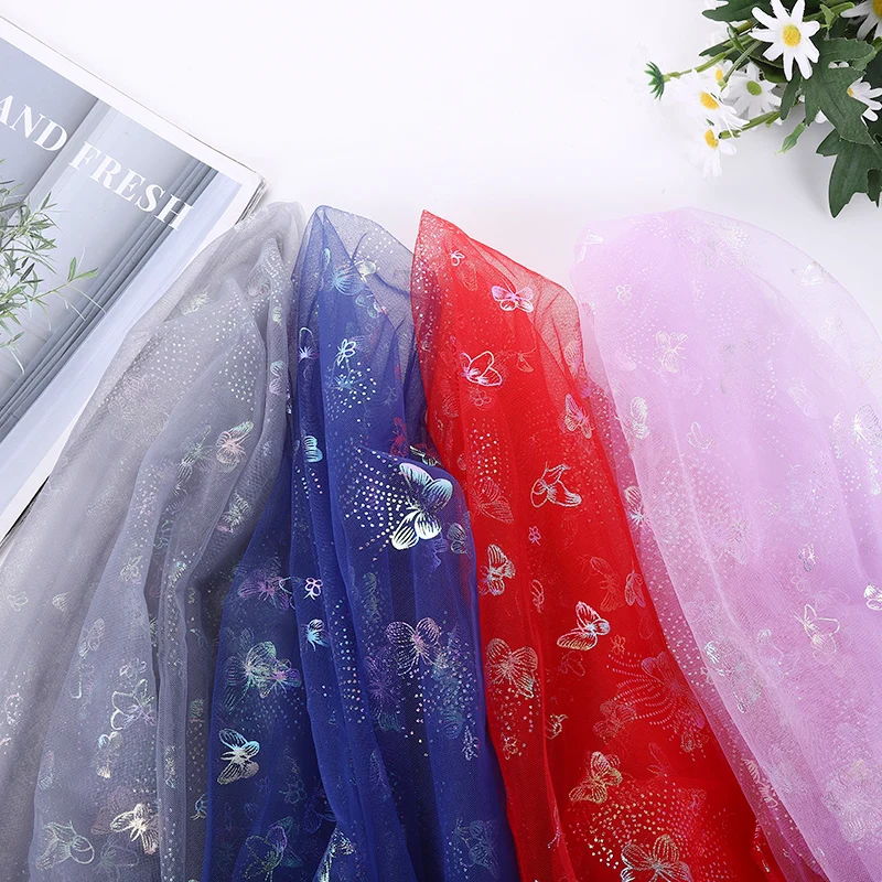 1Meter Colorful Butterfly Printed Tulle Organza Mesh Fabric DIY Handmade Baby Girl Dress Skirt Headband Garment Sewing Material