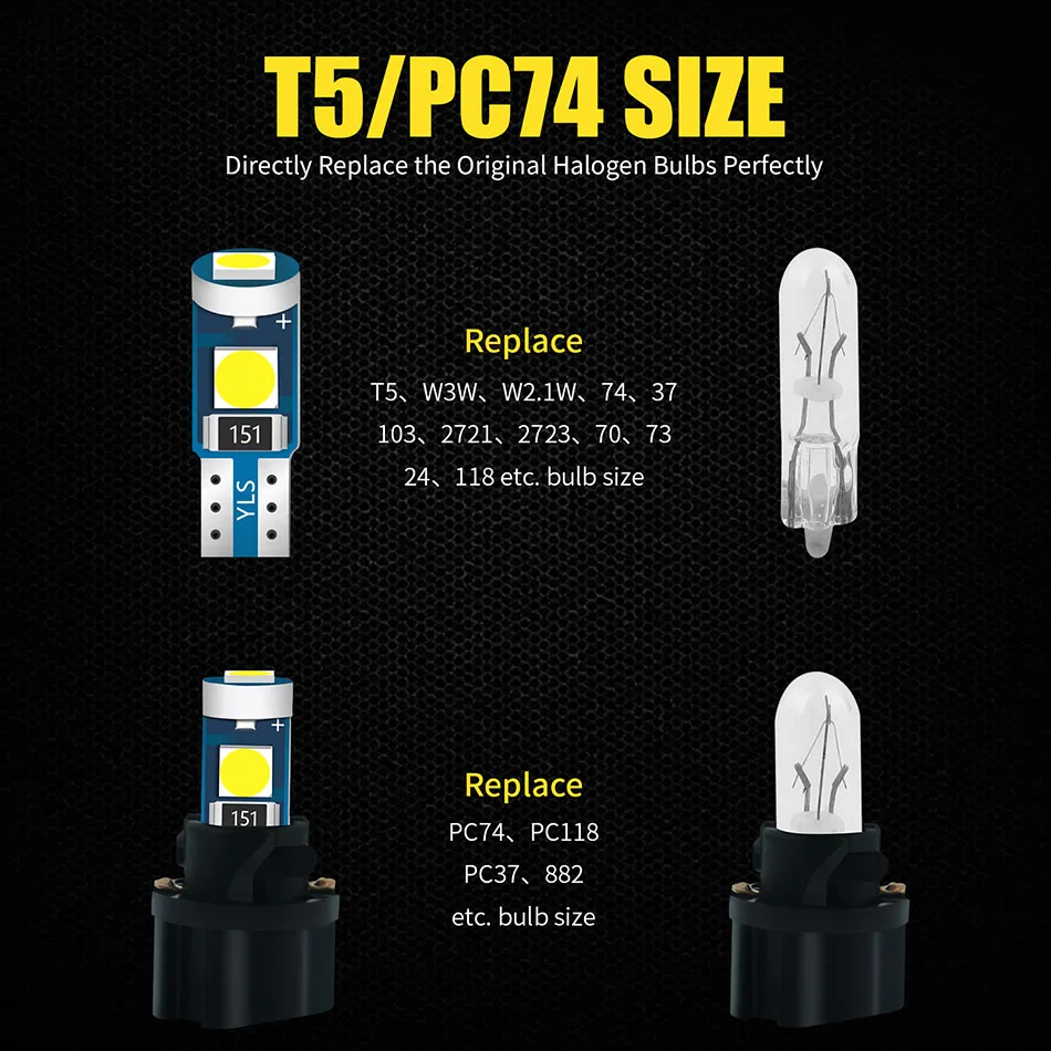 Aileo 10 Pcs Led-Lamp T5 W 3W W W1.2 W Pc74 Pc37 Pc118 Superheldere Auto-Opwarmingsindicator Wiglicht Auto Instrumentlamp