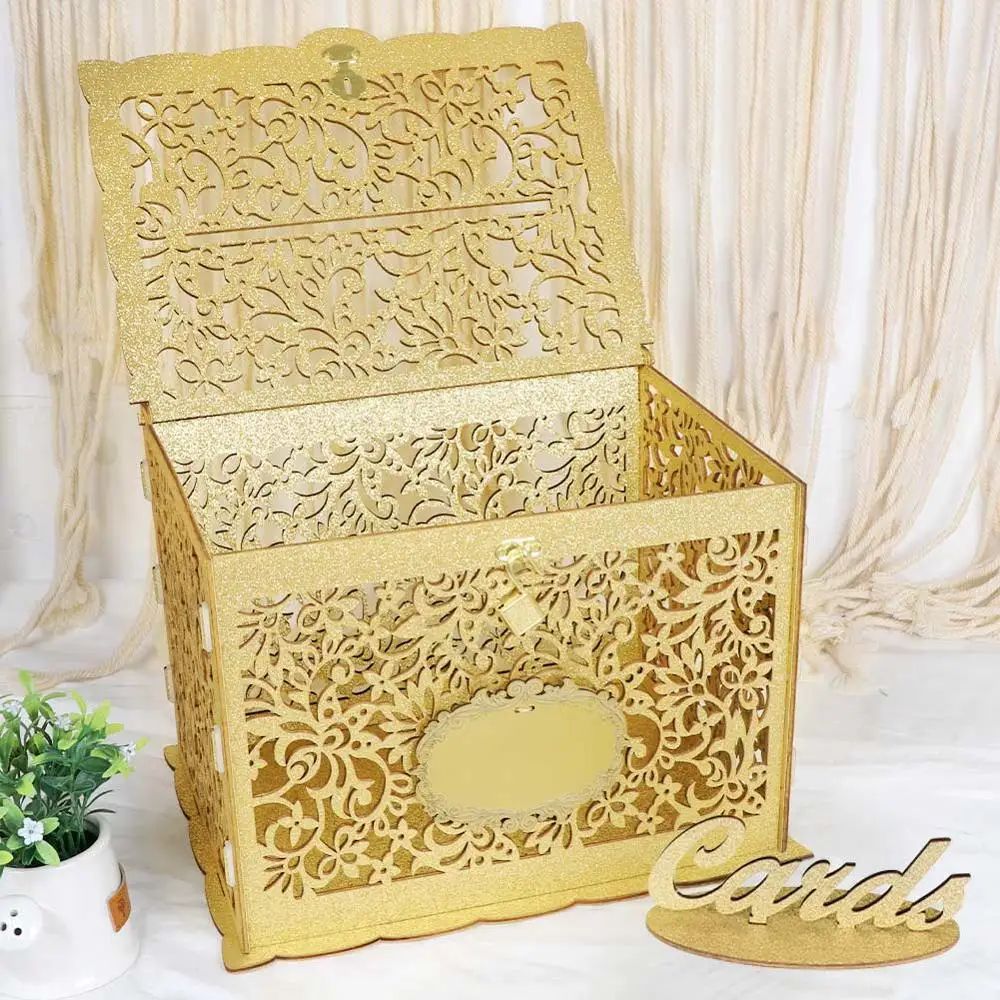 OurWarm Glittery Gold Wedding Card Box with Lock Wood Gift Card Box Wedding Reception Baby Shower Birthday Party Decorations