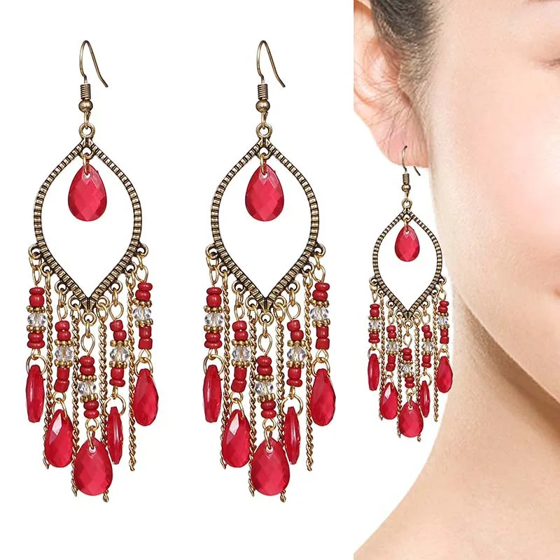 Bohemian Antik Gold Farbe Lange Wasser Tropfen Quaste Ohrringe für Frauen Vintage Bunte Geometrische Tropfen Baumeln Ohrringe Schmuck – Detail 3