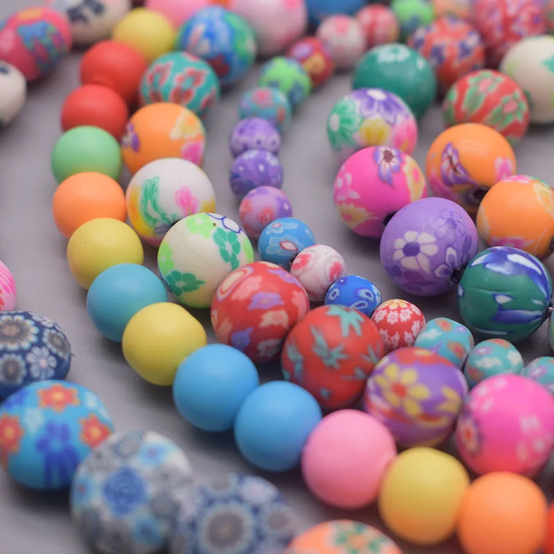 6/8/10mm Polymer Clay Beads Flower Pattern Printing Beads Round Loose Beads for Make Jewelry DIY Bracelet