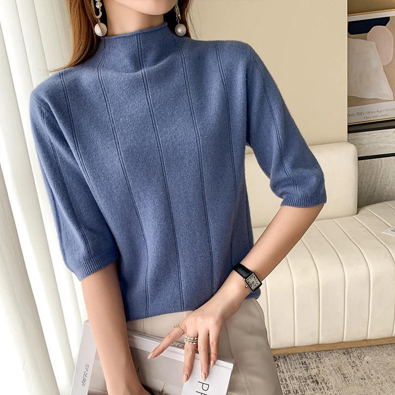 100% Pure Wool Half-sleeved Sweater Autumn Spring New Fashion Women Half High Neck Pullover Casual Knitted Tops Women Sweater