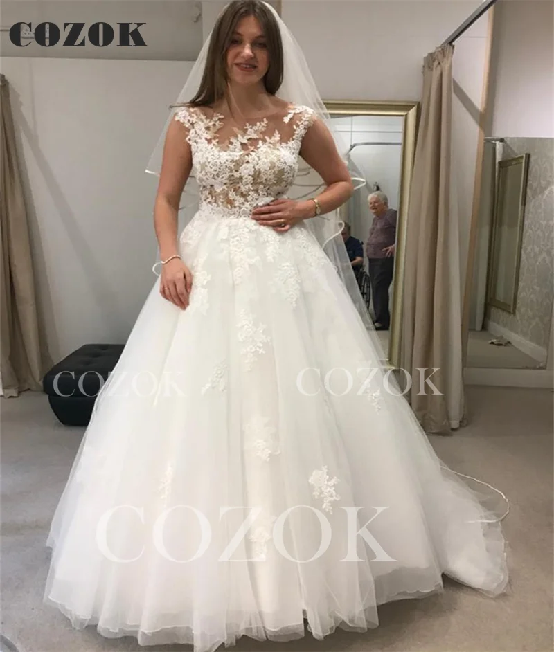 Linha a até o chão tule flores de renda longo formal elegante vestidos de casamento moda vestidos de noiva cz03