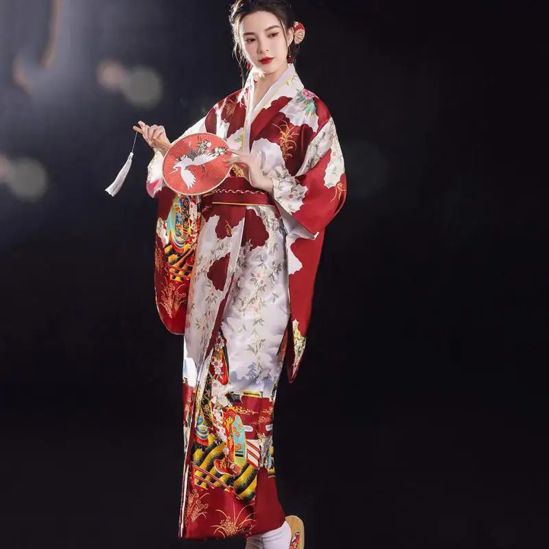 Japanese Traditional Kimono Gown With Obi Print Flower Airy Dresses Costume Women Ladies Geisha Haori Yukata Kimono Gown Suit