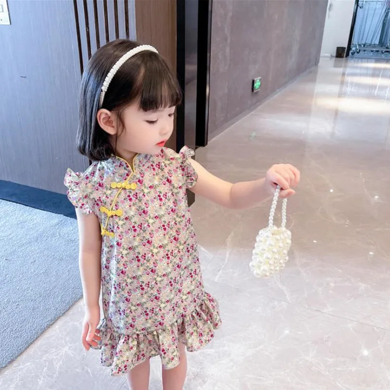 1-7Yrs Baby Girls Dress 2021 Summer Round Neck Flying Sleeve Floral Print Chiffon Dress Chinese Style Lovely Kids Mermaid Dress