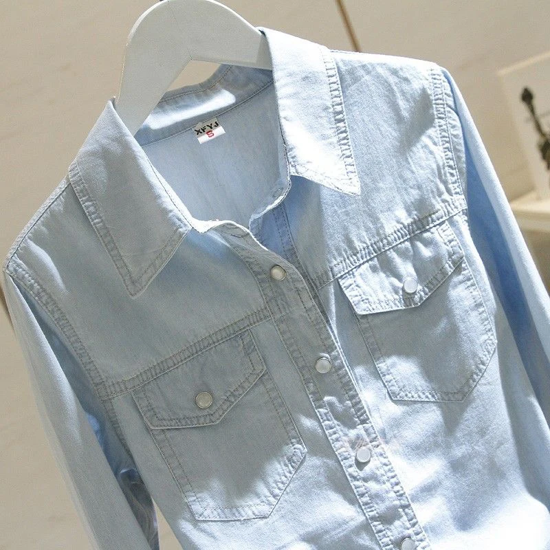 Mùa Xuân Mới Thu Đông Nữ Dài Tay Cổ Bẻ Sơ Mi Denim Túi 2 Ngăn Tất Cả-Phù Hợp Với Cổ Áo Top chất Lượng S304