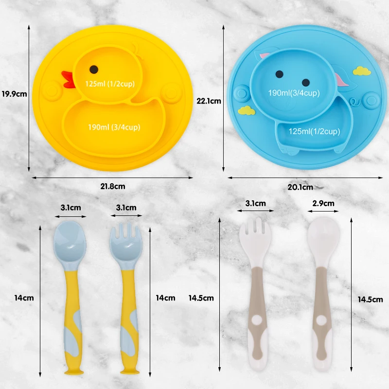 5Pcs/Set Baby Silicone Plate Non-Slip Feeding Tableware Sucker Bowl Sippy Cup Bibs Spoon Fork Sets for Baby-Led Weaning