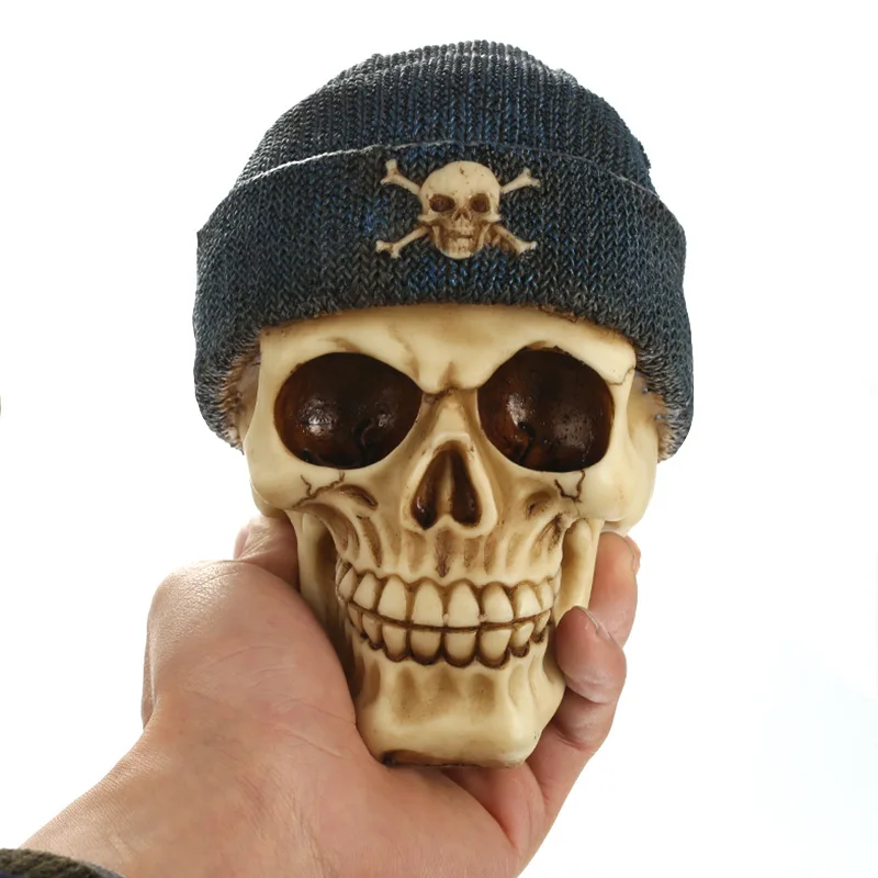 Moquerry Resin Skull With Cap Knitted Hat Gothic Human Skull Statues Handicraft Head Shape Figurines Home Bar Decor Halloween