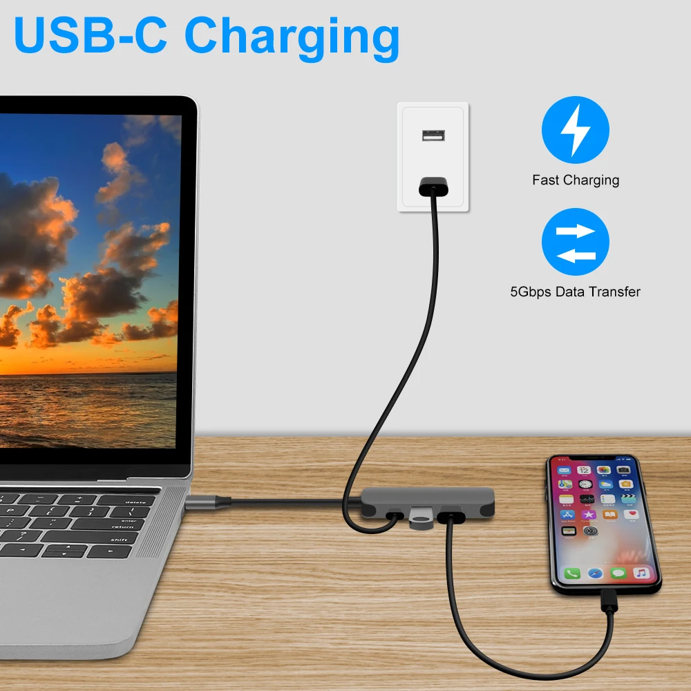 مهايئ توزيع 1080P 4K HDMI متوافق مع نوع C 4in 1 مهايئ توزيع متعدد المنافذ من النوع C إلى محول HDMI متوافق