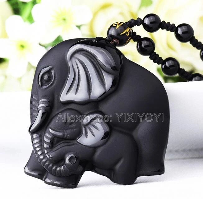 Beautiful Chinese Handwork Natural Black Obsidian Carved Cute Elephant Lucky Pendant Amulet Beads Necklace Charm Gift Jewelry