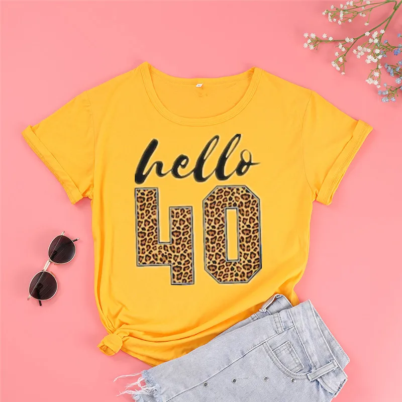 Hello 40 Leopard Print Forty Birthday Gift Trip Cheetah Print T-Shirts Short Sleeve Girl Top Tee 100% cotton harajuku y2k kawaii
