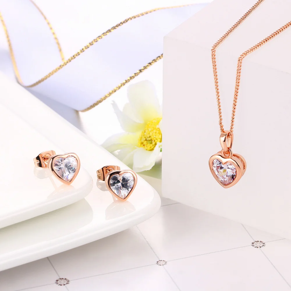 Heart Charm Wedding Jewelry Sets For Women Crystal AAA+Zircon Rose Gold Color Pendant Necklace Earring Fashion Jewelry S281